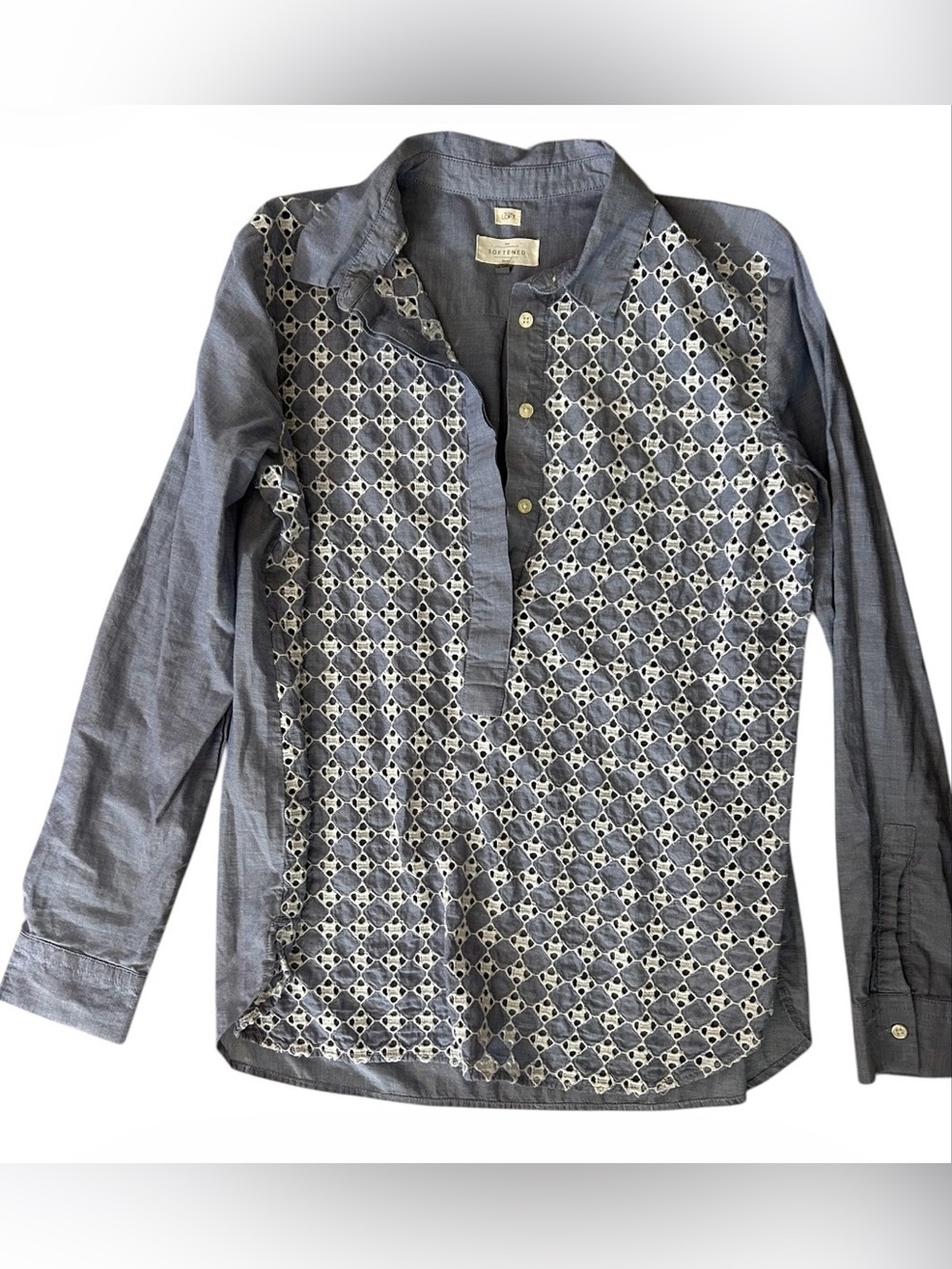 Ann Taylor LOFT The Softened Blue Patterned Button-Down Embroidered Blouse M